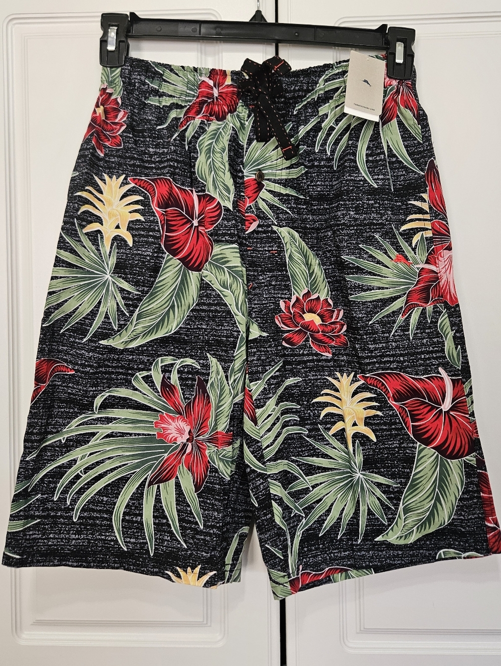Tommy Bahama Black Tropical Floral Swim Board Shorts with Red & Green